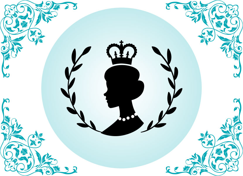 Graphic showing illustration of the queen with blue scroll work in corners and radial blue gradient behind queen