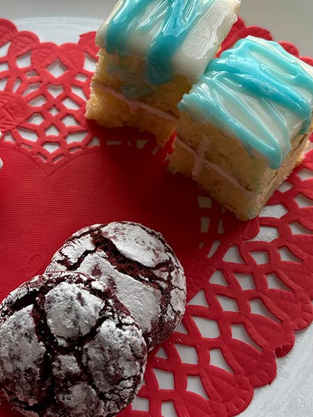 Photo of Sugar Magnolia Cafe Valentine's Tea Red Velvet Crinkle Tea Cookie and Pink Champagne Petit Fours