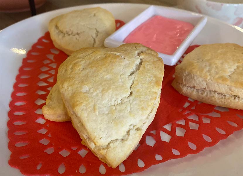Photo of Sugar Magnolia Cafe Valentine's Tea Heart Shaped Cream Scones and Pink Devonshire
